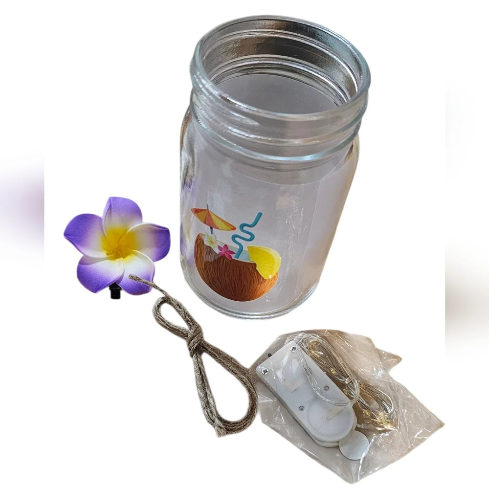 NEW - Tropical LED Mason Jar Lights - Set of 6 Hawiian Luau~Flamingos~Pineapple